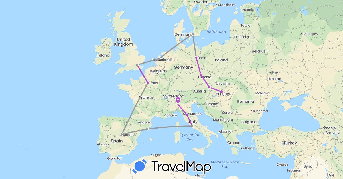 TravelMap itinerary: plane, train in Austria, Czech Republic, Germany, Denmark, Spain, France, United Kingdom, Hungary, Italy, Netherlands (Europe)